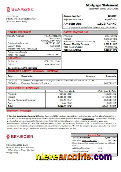 Hong Kong BEA bank mortgage statement
